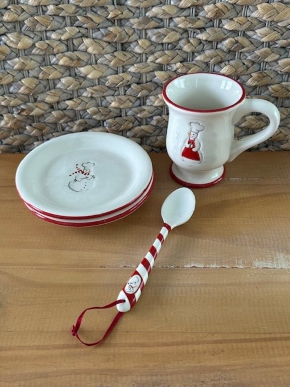 Williams Sonoma Snowman Chef Footed Mug, 2 Plates & Spoon Christmas Winter